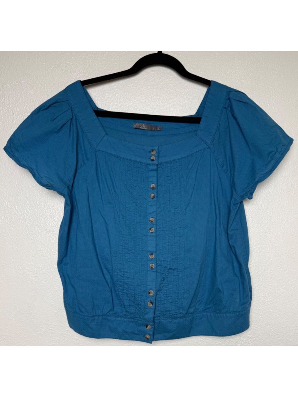 prAna Womens Organic Cotton Blue Button-Front Short-Sleeve BOHO Top Size L